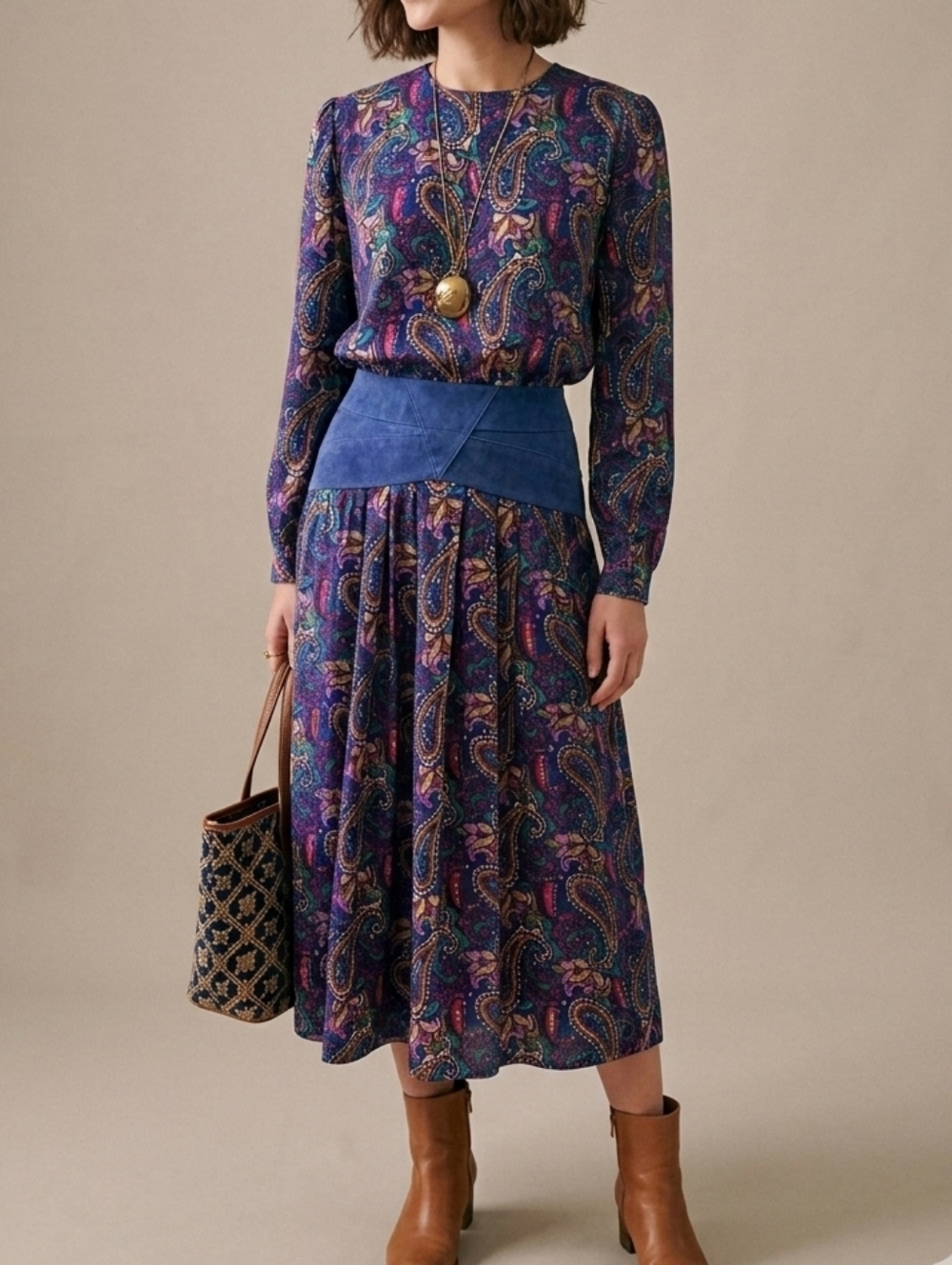 Vintage 80s 90s Purple Suede Rayon Paisley Floral Print Midi Dress Long Sleeves